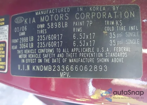 2006 Kia Sedona Ex/Lx z USA, uszkodzony, nr VIN KNDMB233666062893